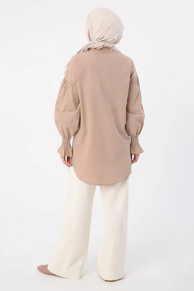 Bej-%100 Pamuk Yakası Ve Kolları Büzgülü Gömlek Tunik - Resim 4
