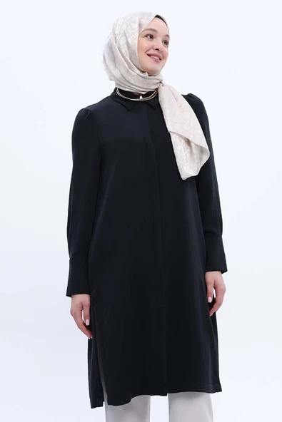 Siyah-Metal Düğme Detaylı Patlı Uzun Gömlek - Resim 5