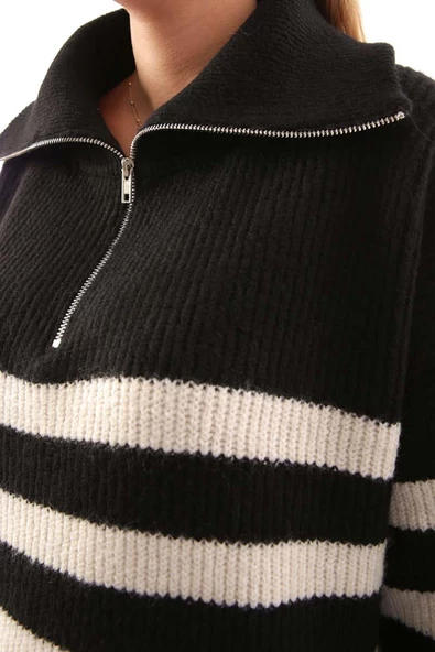 Siyah-Taş-Balıkçı Yaka Fermuarlı Triko Kazak - 6