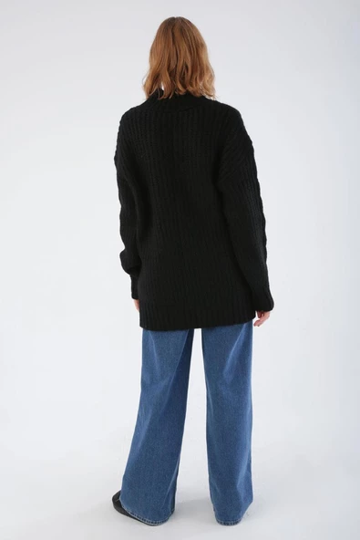 Siyah-Saç Örgülü Triko Kazak - 4