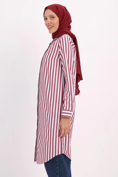 Bordo-Beyaz-Gizli Patlı Gömlek Tunik - 3