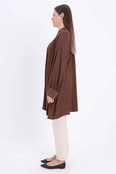 Kahve-Büyük Beden Reglan Kol Gömlek Tunik - Resim 3
