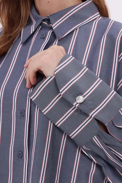 Lacivert-Kırmızı-%100 Pamuklu Çizgili Gömlek - Resim 5
