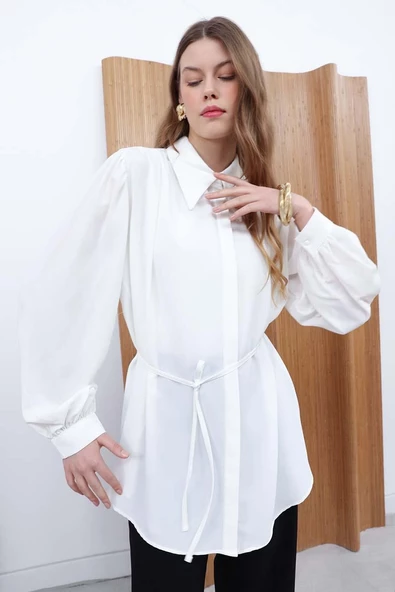 Beyaz-Belden Bağlama Detaylı Gömlek Tunik ürün görseli