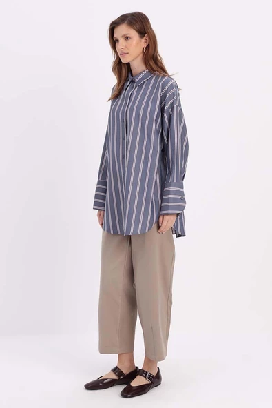 Lacivert-Kırmızı-%100 Pamuklu Çizgili Gömlek - Resim 3