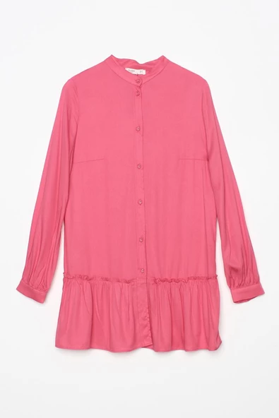 Koyu Pembe-Doğal Kumaş Eteği Fırfırlı Hakim Yaka Gömlek Tunik - Resim 6