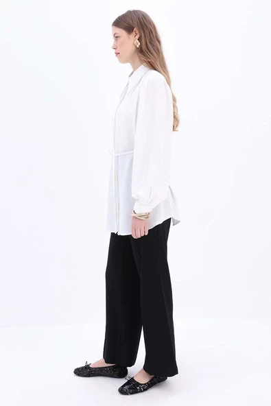 Beyaz-Belden Bağlama Detaylı Gömlek Tunik - Resim 3