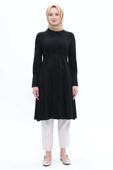 Siyah-Geniş Manşetli Kemerli Tunik - Resim 2