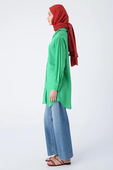 Çimen Yeşili-Yakası Piliseli Viskon Gömlek Tunik - Resim 3
