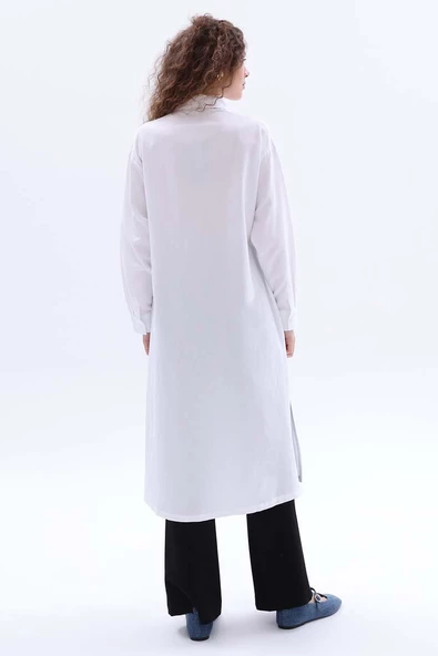 Beyaz-Yanları Yırtmaçlı Cepli Keten Gömlek Tunik - 4