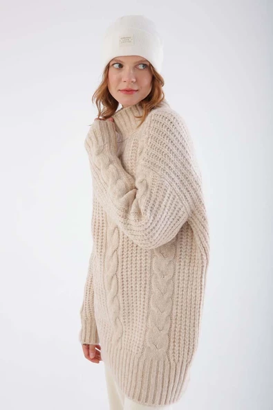 Ekru-Saç Örgülü Triko Kazak - 5