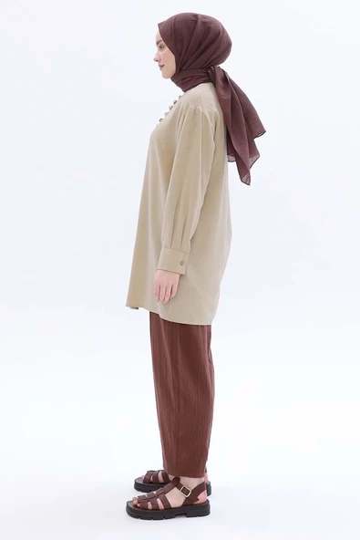 Bej-Hakim Yaka Biritli Keten Tunik - Resim 3