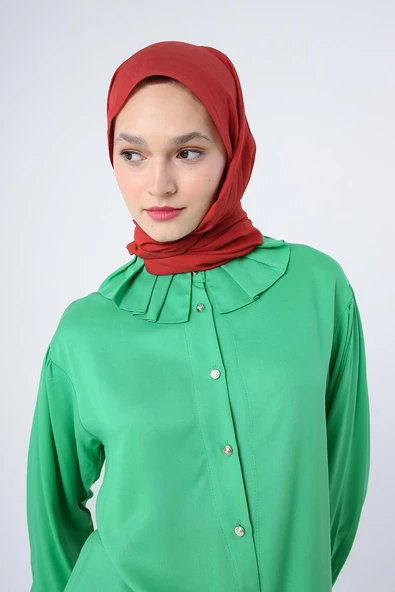 Çimen Yeşili-Yakası Piliseli Viskon Gömlek Tunik - Resim 5