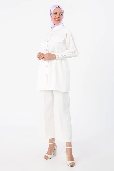 Ekru-Aplike Cepli Gömlek Tunik - Resim 3