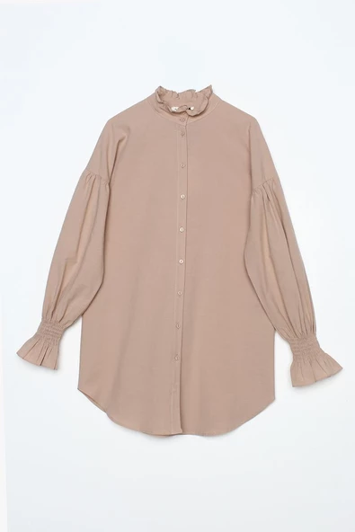 Bej-%100 Pamuk Yakası Ve Kolları Büzgülü Gömlek Tunik - Resim 7