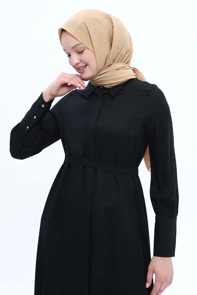 Siyah-Geniş Manşetli Kemerli Tunik - Resim 5