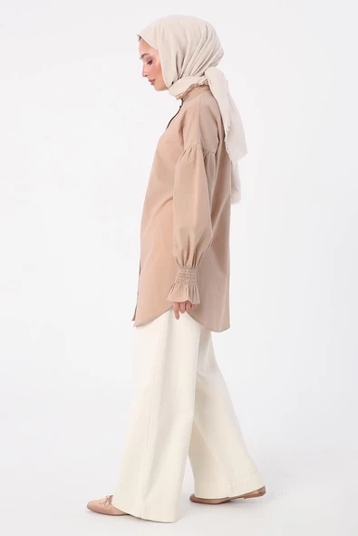 Bej-%100 Pamuk Yakası Ve Kolları Büzgülü Gömlek Tunik - Resim 3