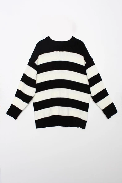 Siyah-Ekru-Yırtık Detaylı Triko Kazak - 7