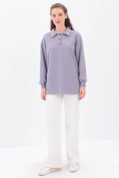 Gri-Yanları Fermuarlı Yakalı Sweat Tunik - 2