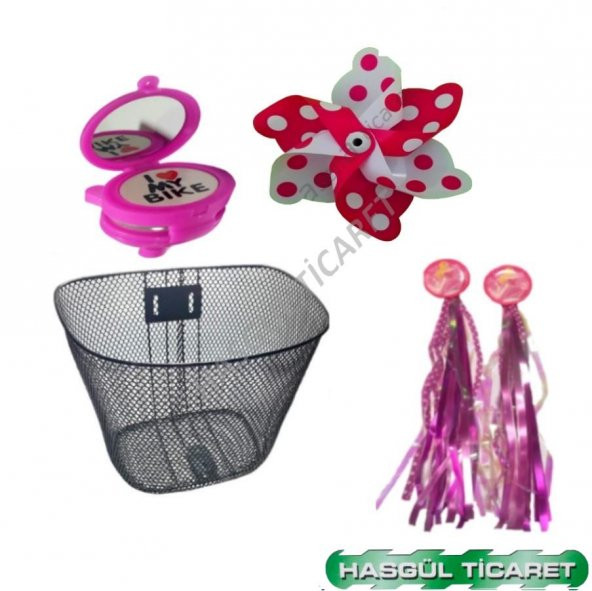 HSGL BİSİKLET  SİYAH SEPET PEMBE PÜSKÜL AYNALI ZİL RÜZGAR GÜLÜ SET - 5