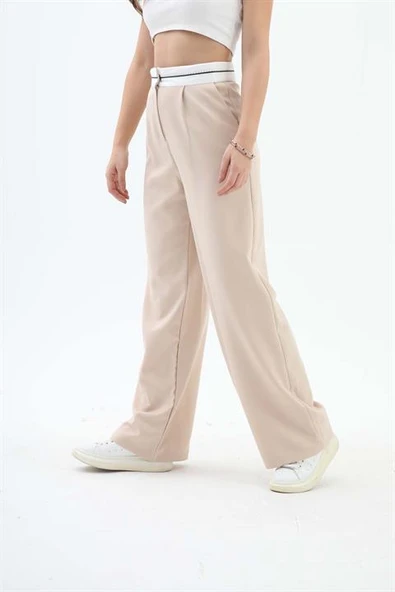 Kemer Detaylı Yüksek Bel Palazzo Pantolon - Bej - Resim 3