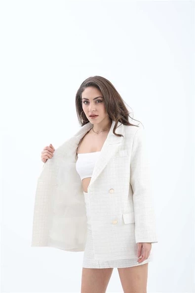 Kare Desen Kruvaze Yaka Ceket - Ekru - Resim 3