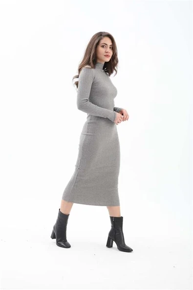 Kendinden Yaka Triko Fitilli Elbise - Gri - Resim 3