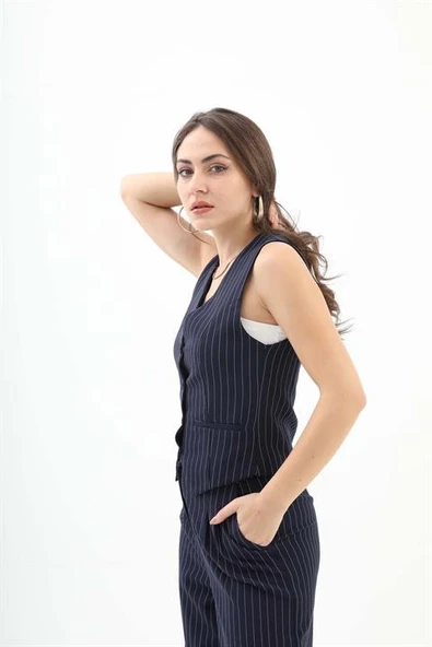 Cep Detaylı Çizgili Yelek - Lacivert - Resim 4