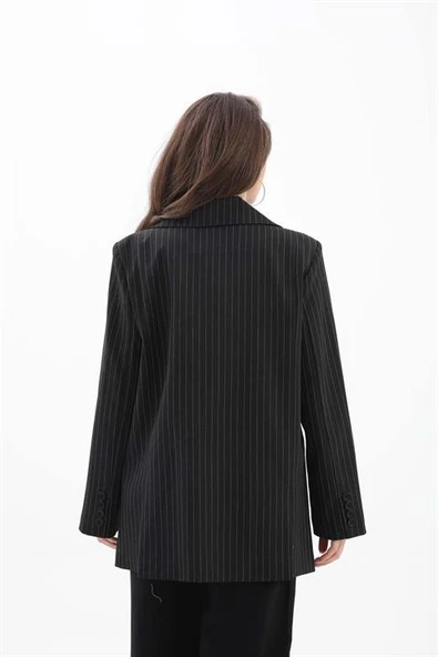 Fleto Cepli Dar Çizgili Poliviskon Blazer Ceket - Siyah - Resim 7
