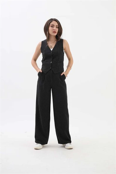 Yüksek Bel Çizgili Palazzo Pantolon - Siyah ürün görseli 1