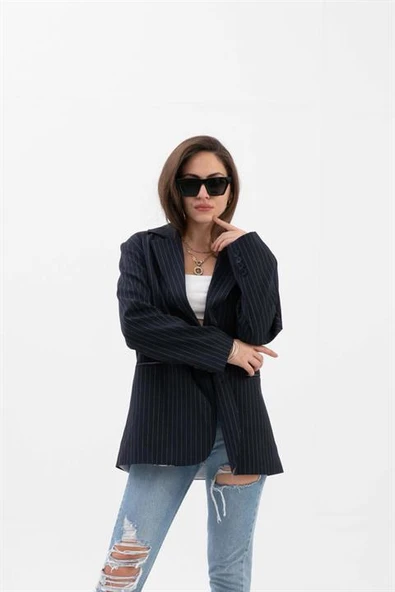 Fleto Cepli Dar Çizgili Poliviskon Blazer Ceket - Lacivert - Resim 2