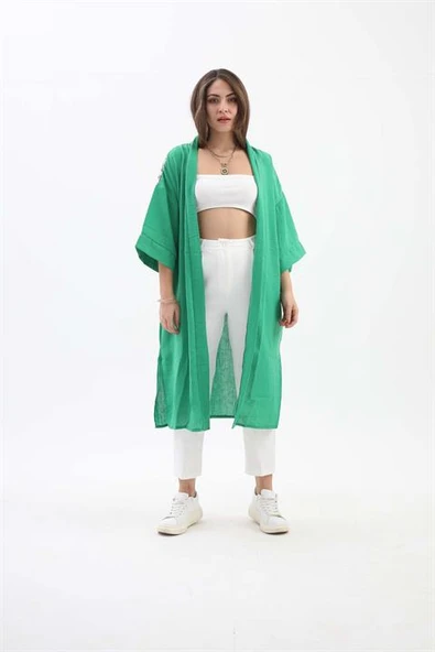 Arkası Baskılı Püsküllü Kimono - Yeşil - Resim 2