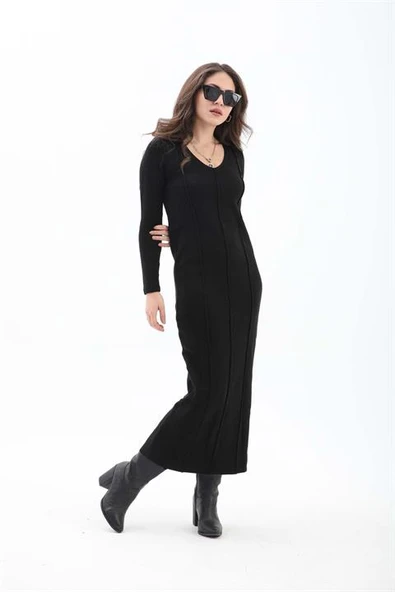 V Yaka Pis Dikişli Triko Elbise - Siyah ürün görseli 1
