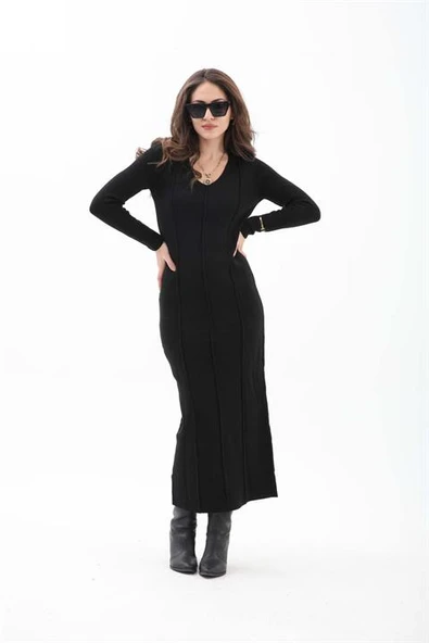 V Yaka Pis Dikişli Triko Elbise - Siyah - Resim 3