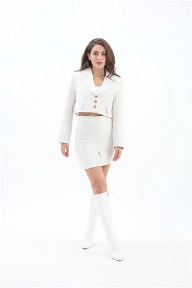 Pile Detaylı Fermuarlıl Etek - Ekru - Resim 3