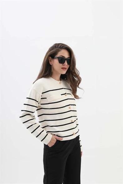 Bisiklet Yaka Çizgili Hırka - Lacıvert-Ekru - Resim 5