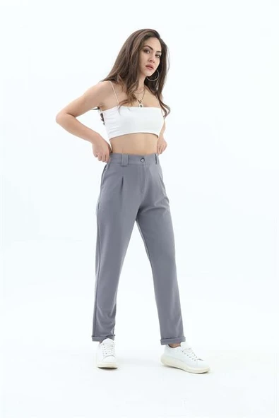 Beli Lastikli Cepli Havuç Pantolon - Gri - Resim 3