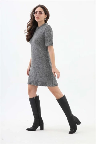 Kısa Kol Kırçıllı Triko Elbise - Siyah-Ekru - Resim 6