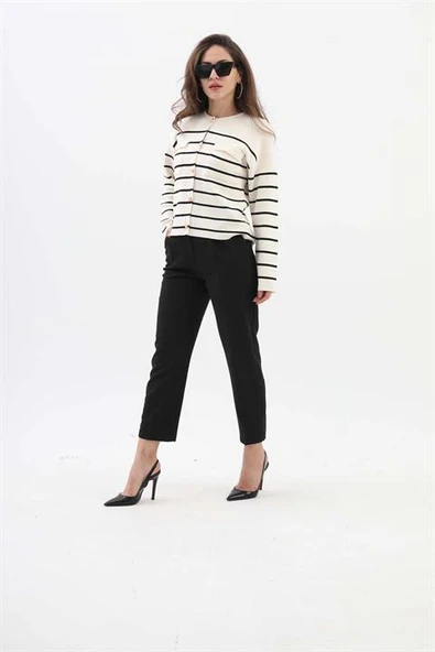 Bisiklet Yaka Çizgili Hırka - Lacıvert-Ekru - Resim 3