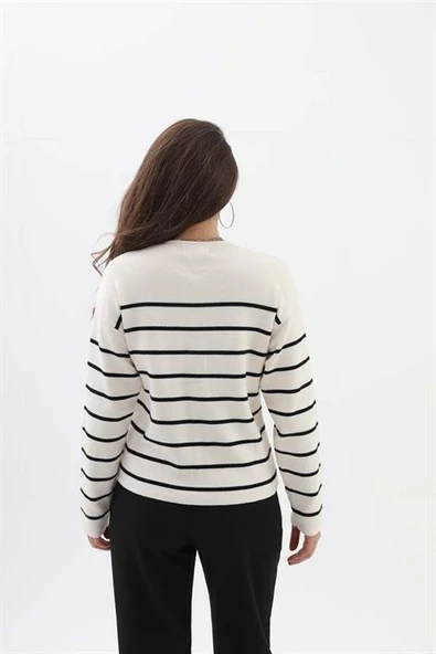 Bisiklet Yaka Çizgili Hırka - Lacıvert-Ekru - Resim 6