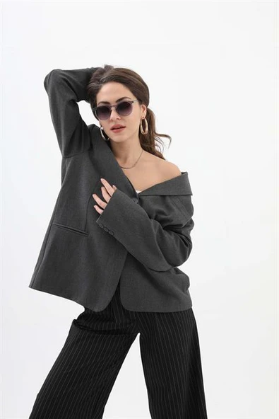Kadın Kruvaze Yaka Oversize Blazer Ceket - Antrasit - 5