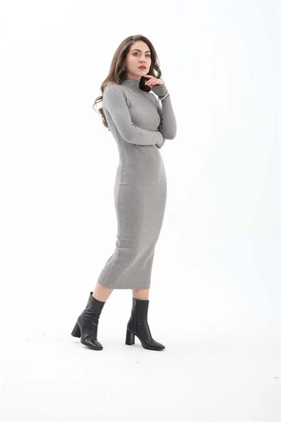 Kendinden Yaka Triko Fitilli Elbise - Gri - Resim 2