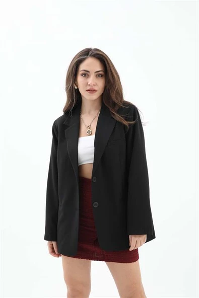 Kadın Kruvaze Yaka Oversize Blazer Ceket - Siyah ürün görseli 1