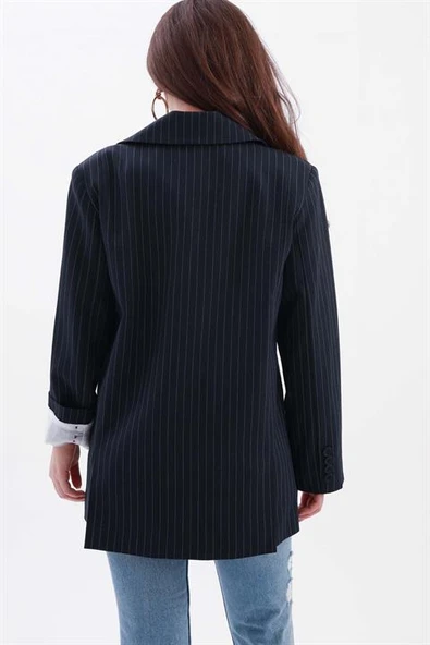 Fleto Cepli Dar Çizgili Poliviskon Blazer Ceket - Lacivert - Resim 7