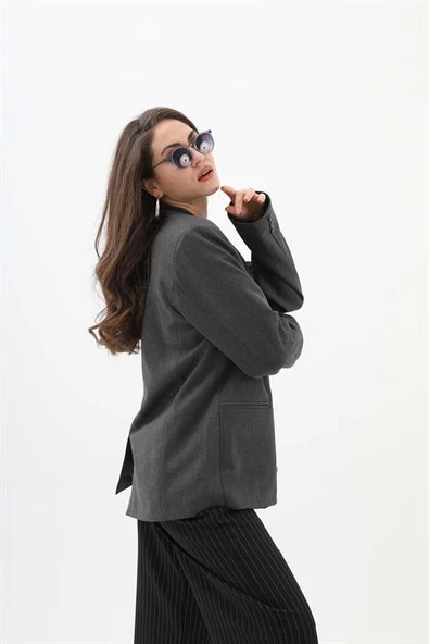 Kadın Kruvaze Yaka Oversize Blazer Ceket - Antrasit - 6