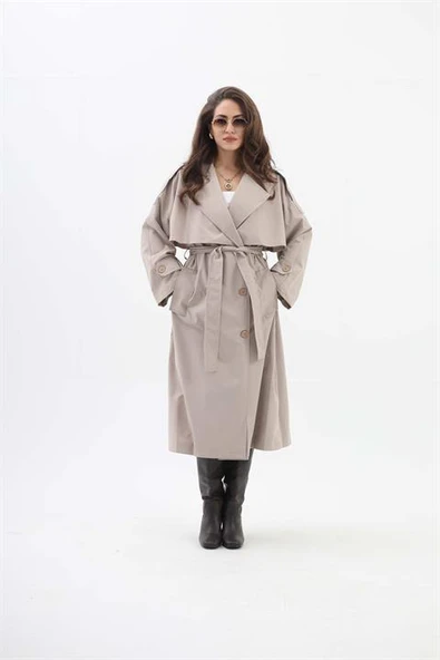 Beli Kuşaklı Allerli  Apoletli Trençkot - Taş - Resim 6