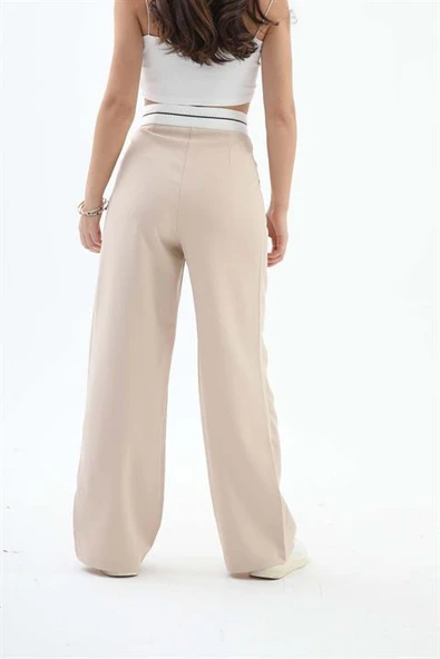 Kemer Detaylı Yüksek Bel Palazzo Pantolon - Bej - Resim 5