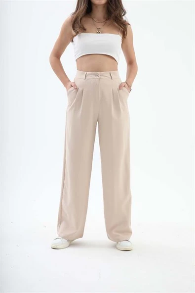 Bol Paça Palazzo Kumaş Pantolon - Bej ürün görseli 1