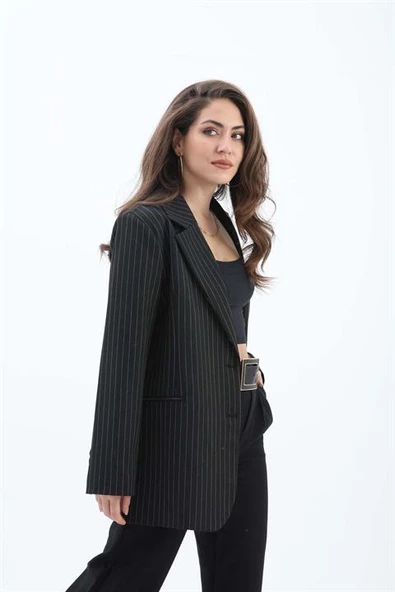 Fleto Cepli Dar Çizgili Poliviskon Blazer Ceket - Siyah - Resim 6