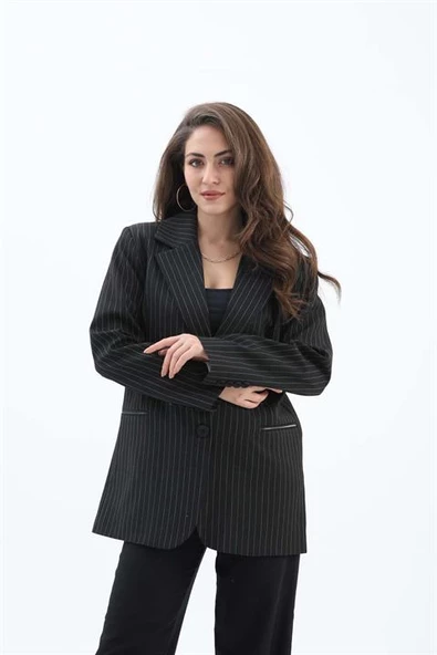 Fleto Cepli Dar Çizgili Poliviskon Blazer Ceket - Siyah - Resim 4